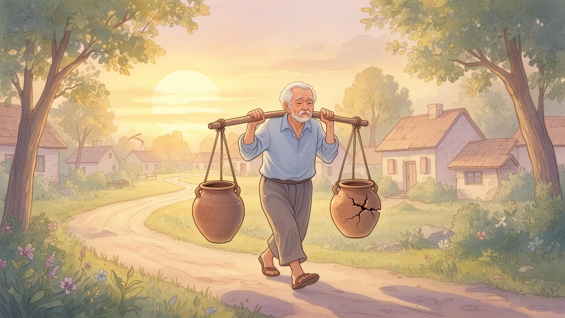 Anciano aguador caminando al amanecer con dos vasijas de arcilla colgando de un poste de madera sobre sus hombros