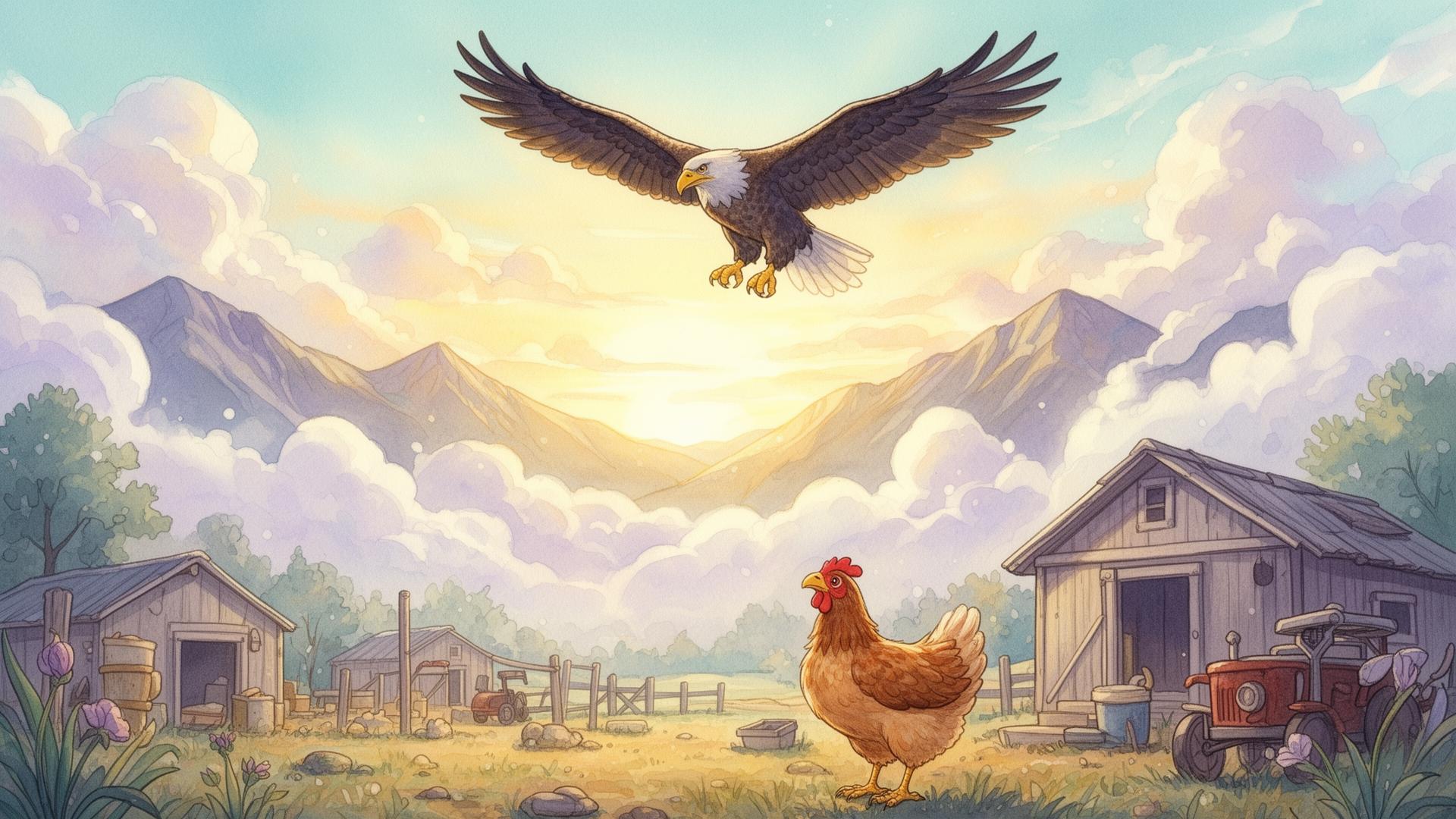 Ilustración de un águila volando libre sobre las montañas mientras una gallina observa desde el corral