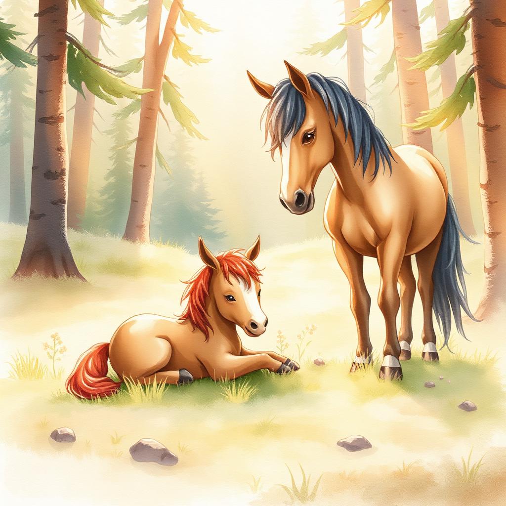 Pequeño potro descansando sobre el pasto mientras un caballo mayor lo mira con ternura en un claro del bosque