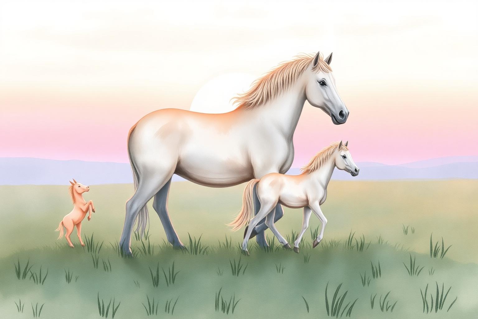Un caballo adulto y un pequeño potro caminando juntos al amanecer en un prado sereno