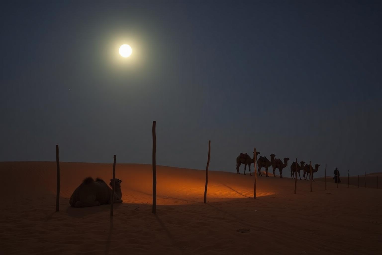 Caravana de camellos descansando en el desierto bajo la luz de la luna, junto a estacas de madera clavadas en la arena