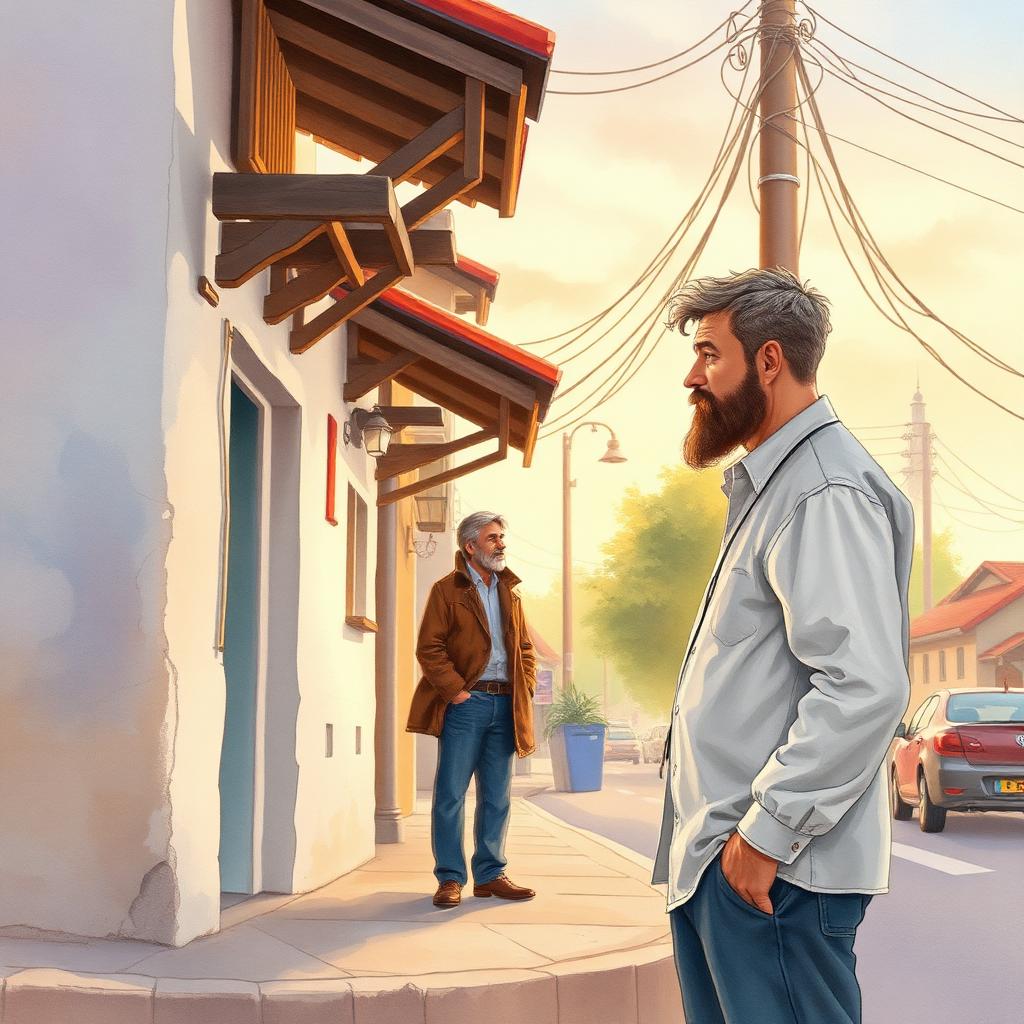Dos hombres conversando con calma en la esquina de una calle del pueblo al atardecer