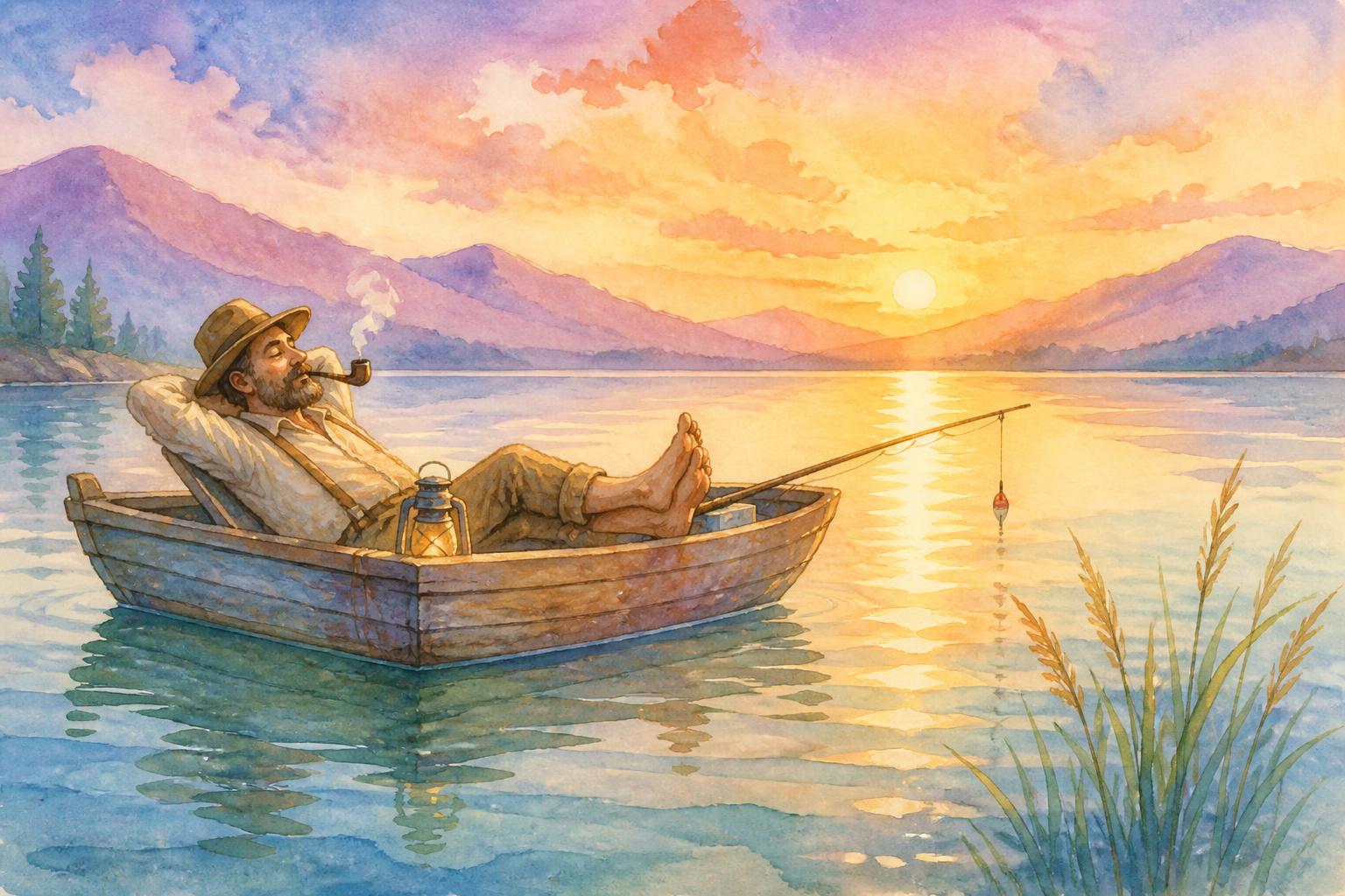 Pescador tranquilo recostado en su barca al atardecer, fumando una pipa en medio de un lago sereno