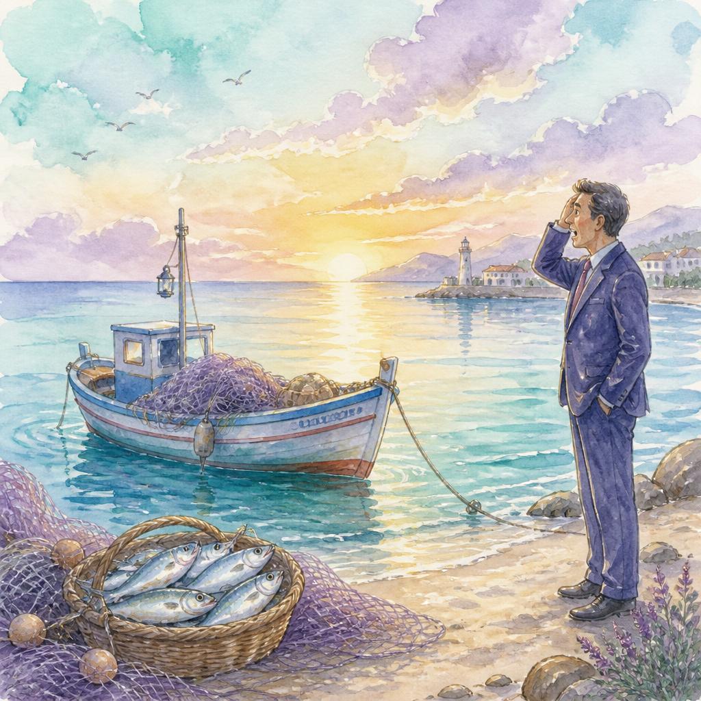 Industrial sorprendido junto a la barca del pescador en la orilla al amanecer