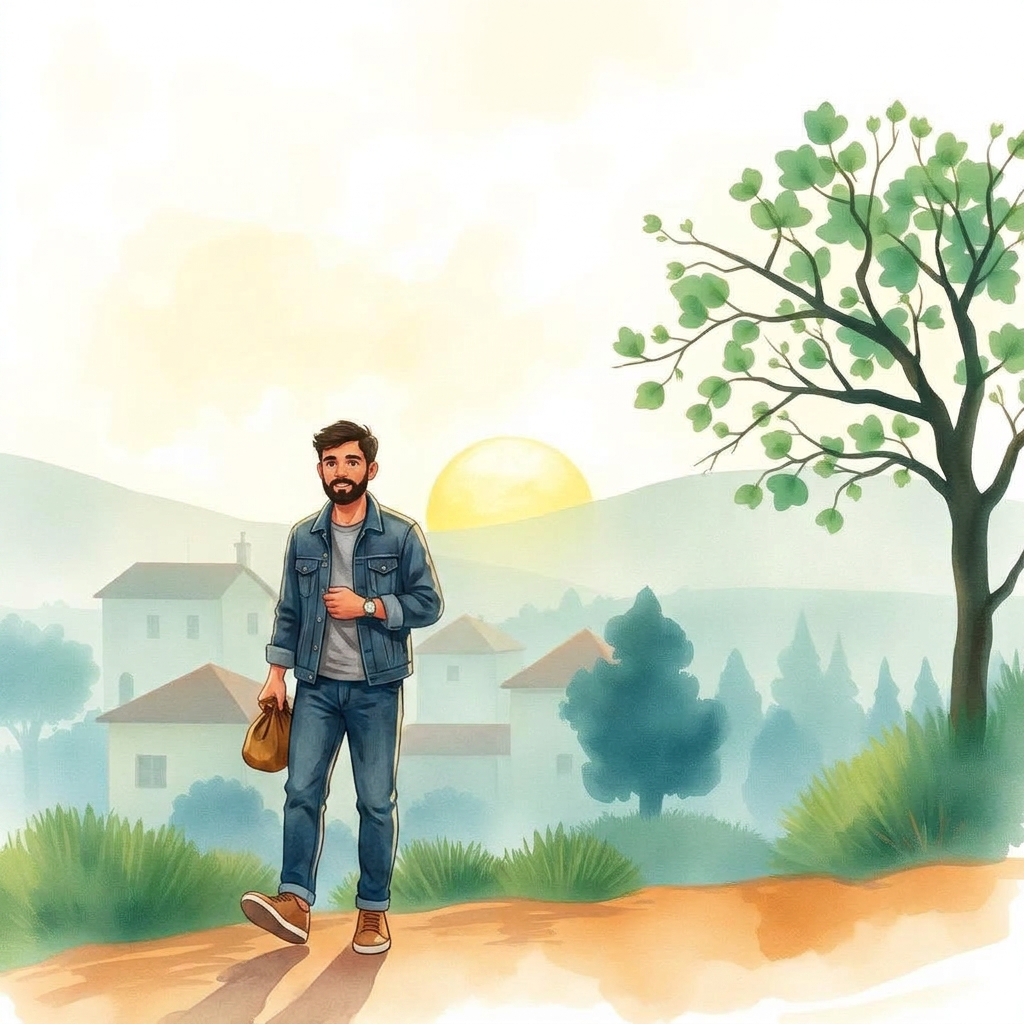Un hombre caminando en paz con su pequeño bolso de monedas hacia el amanecer del pueblo