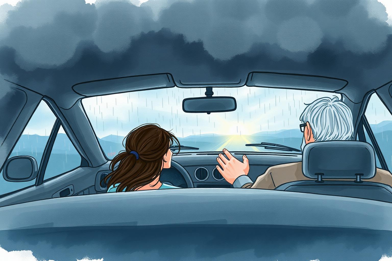 Joven conduciendo junto a su padre bajo una fuerte tormenta, mientras un rayo de luz se asoma al horizonte